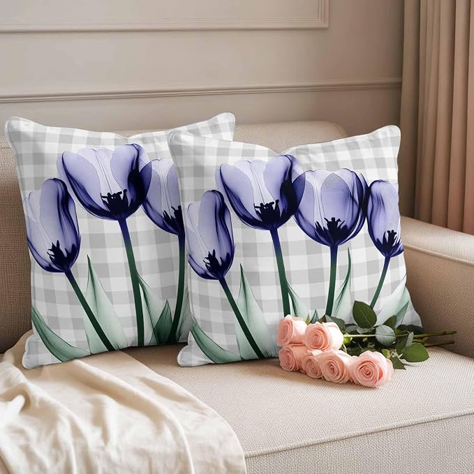 Light Purple Tulip Waterproof Outdoor Pillow Covers Set of 2 Home Decor, Farmhouse Flowers Grey Checkered Pillowcase Patio Pillow Covers for Couch Bench Furniture Garden 20x20in