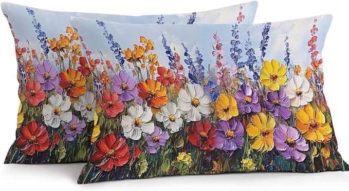 Vintage Wildflowers Waterproof Outdoor Pillow Covers Set of 2 Home Decor, Rustic Oil Painted Abstract Botanical Pillowcase Patio Pillow Covers for Couch Bench Furniture Garden 20x12in