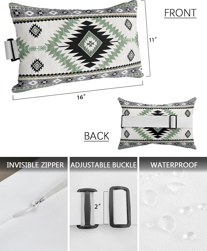 Outdoor Pillows Waterproof Covers Set of 2, Sage Green Bohemian Adjustable Elastic Chaise Lounge Headrest Pillow Covers, Aztec Boho Tribal Decorative Lumbar Pillow for Pool Patio Furniture 11x16 Inch