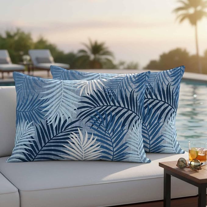 Outdoor Waterproof Throw Pillow Covers, Navy Blue Palm Leaves Decorative Pillow Cases, Summer Botanical Tropical Leaf Couch Pillow Protector Patio Sofa Cushion Covers Replacement 20"x12" 2 Pack