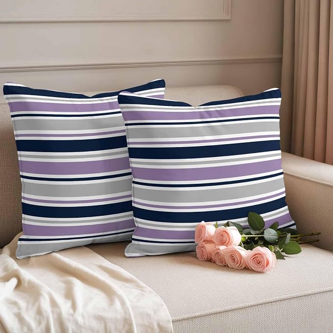 Outdoor Pillow Covers 16 x 16 Inches, Purple Grey Striped Waterproof Throw Pillow Cover Set of 2, Farmhouse Stripes Modern Abstract Art Decorative Square Cushion Covers for Patio/Couch/Garden