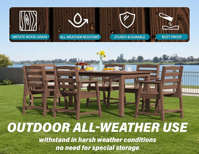 Ayge 9-Piece Outdoor Dining Set – HDPE Patio Furniture for 8 with 2" Hole Cut-Out Table & 8 Chairs, Perfect for Pool, Patio, Garden, Brown