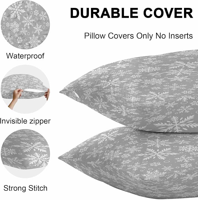 Outdoor Waterproof Throw Pillow Covers, Merry Christmas and Happy New Year Winter Snowfalke Geometric Pattern Gray Pillowcases Cushion Covers Cases for Patio Couch Bench, Pack of 2 Square, 20X20 Inch