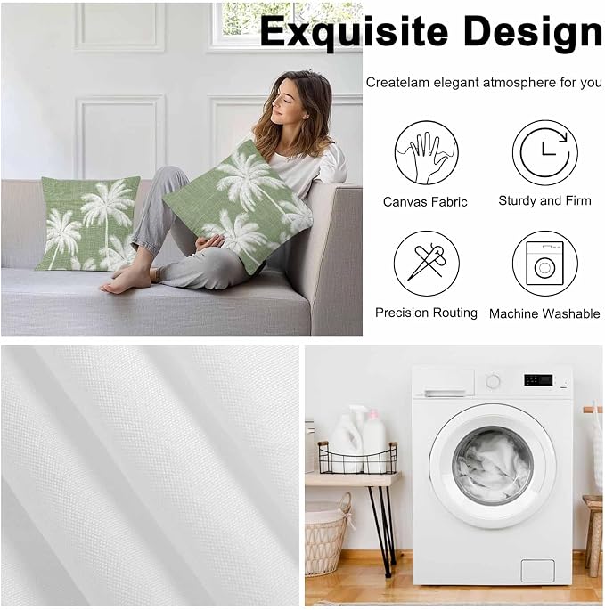 Outdoor Pillow Covers 16x16 Inch Set of 2, Dark Sage Green Palm Trees Waterproof Throw Pillow Covers, Tropical Summer Beach Decorative Cushion Pillowcases for Couch, Sofa, Bed, Garden, Patio