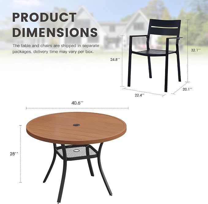 Patio Dining Set for 4, 40.6" Outdoor Dining Table and Chairs Set with Stackable Patio Chairs Outdoor Furniture Outdoor Furniture for Garden Deck Backyard, Walnut Table and Black Chairs