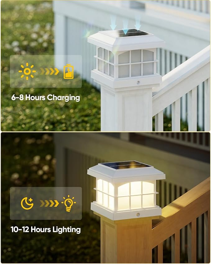RGBCW Solar Post Cap Lights 2-Pack, 9 Colors 3 Modes Fence Cap Lights, Bright Solar Outdoor Waterproof LED Deck Lighting for Fence Garden Deck Patio Porch Decor 4x4 Vinyl/Wood, White