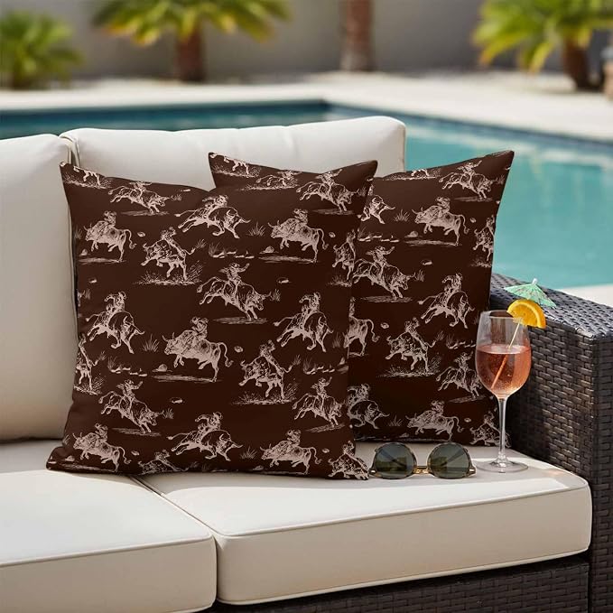 Western Cowboys Outdoor Pillow Covers Waterproof, All Weather Cushion Case Set of 2, Brown Farmhouse Country Pastoral Scenery Decorative Pillowcases for Sofa Couch Bed Decor Patio Furniture 18"x18"