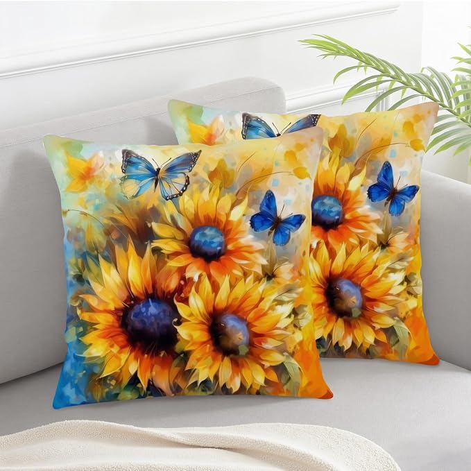 Oil Painting Sunflower Pillow Covers Sun Flower with Butterfly Throw Pillow Covers 22x22 Set of 2 Vintage Pillowcase Double Sided Printing Cushion Case for Home Decor Outdoor Sofa
