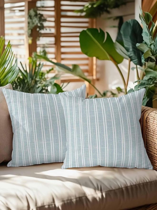 Waterproof Outdoor Pillow Set of 2 Blue Linen Striped Decorative Throw Pillows Cover & Insert 18x18 Inch Pillowcase Vertical Stripes Lines Pillows for Couch Sofa Bed Patio Furniture Indoor Outdoor
