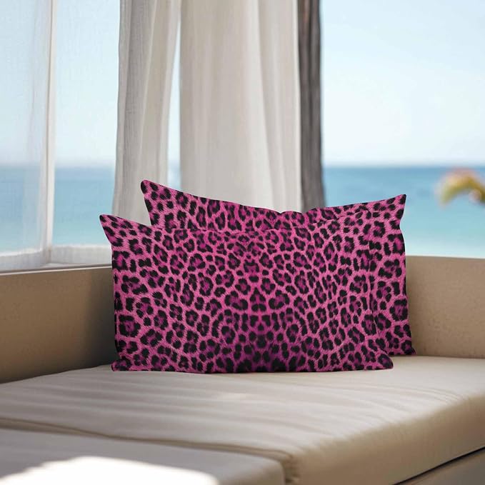 Vandarllin Outdoor Throw Pillows Covers 20x12 inch Set of 2 Waterproof Pink Leopard Print Decorative Zippered Cushion Covers for Patio Furniture, Retro Animal Fur Pattern Lumbar Pillowcases