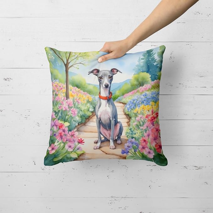 Caroline's Treasures Italian Greyhound Spring Path Throw Pillow Machine Washable, Indoor Outdoor Decorative Pillow for Couch, Bed or Patio, 18Hx18W