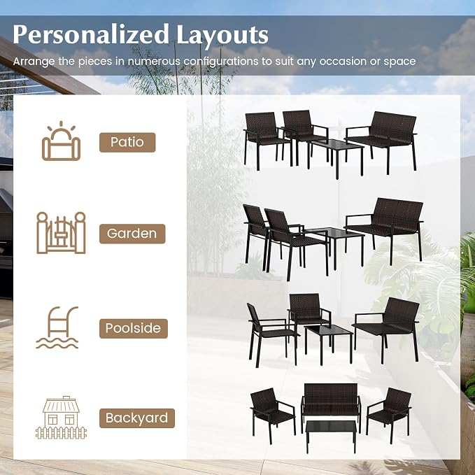 HAPPYGRILL 8 Pieces Wicker Patio Conversation Set with Coffee Table, PE Rattan Chairs with Galvanized Metal Frame, Outdoor Table and Chairs Set for Small Space, Balcony, Poolside, Backyard (Mix Brown)