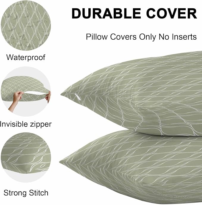 YOKOU Boho Sage Green Pillow Covers, Farmhouse Decoration Geometric Waterproof Outdoor Pillowcases Cushion Covers Cases for Patio Couch Bench, Pack of 2 Rectangle, 20"X12"