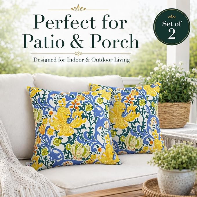 Outdoor Throw Pillows 18×18 Inch Waterproof Pillows with Inserts | Set of 2 Fade Resistant Decorative Square Pillows for Couch, Sofa and Patio Furniture