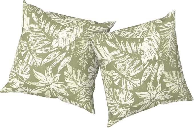 Outdoor Pillows with Insert 16x16 Inch, Waterproof Throw Pillow for Patio Furniture, Decorative Back Cushion for Garden Home Sofa Office Chair, Set of 2, Tropical Leaf Green