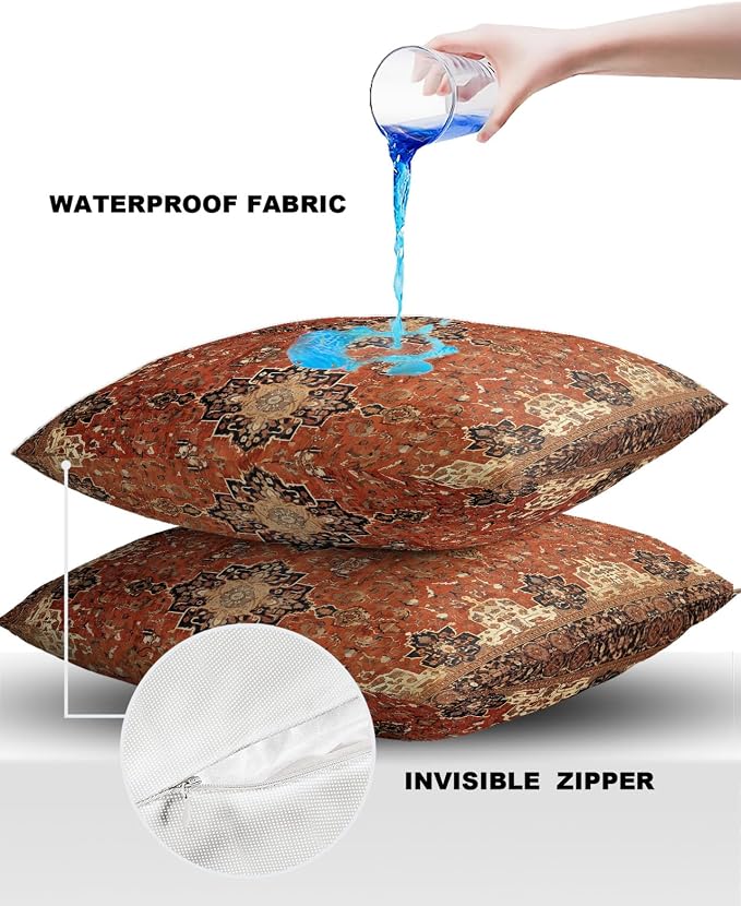 Southwest Outdoor Pillow Covers Waterproof, All Weather Cushion Case Set of 2, Geometric Stripe Boho Native Flower Print Decorative Pillowcases for Sofa Couch Bed Decor Patio Furniture 24"x24"