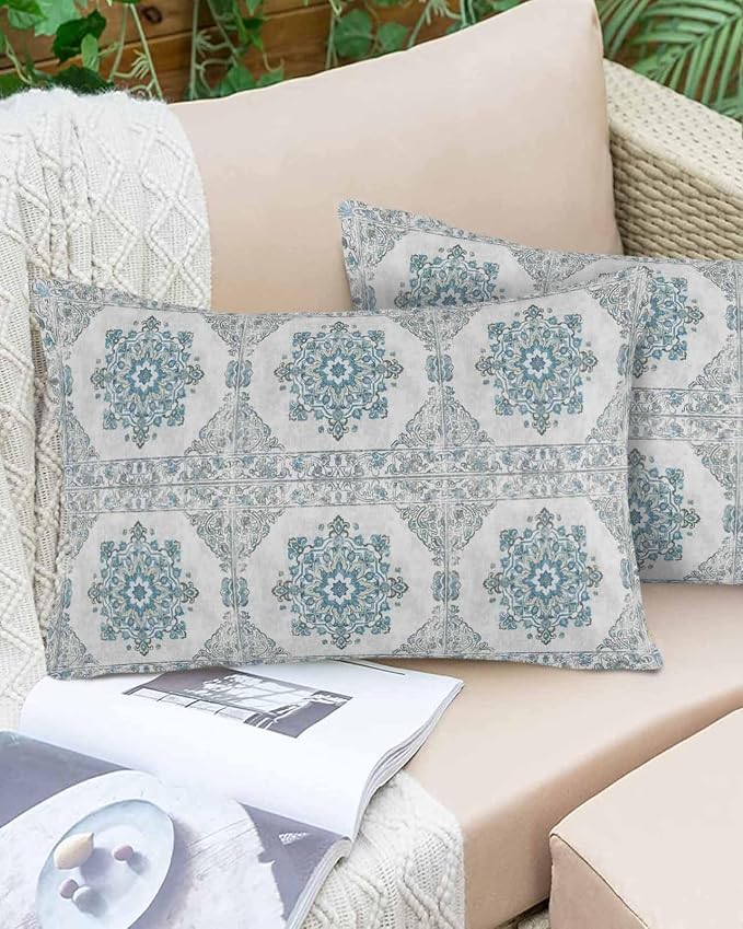 Waterproof Throw Pillow Covers for Couch Patio Living Room Furniture Garden Balcony, Retro Ethnic Floral Texture Style Blue Rectangle Cushion Cases Home Decorations, 20 x 12 Inch Set of 2