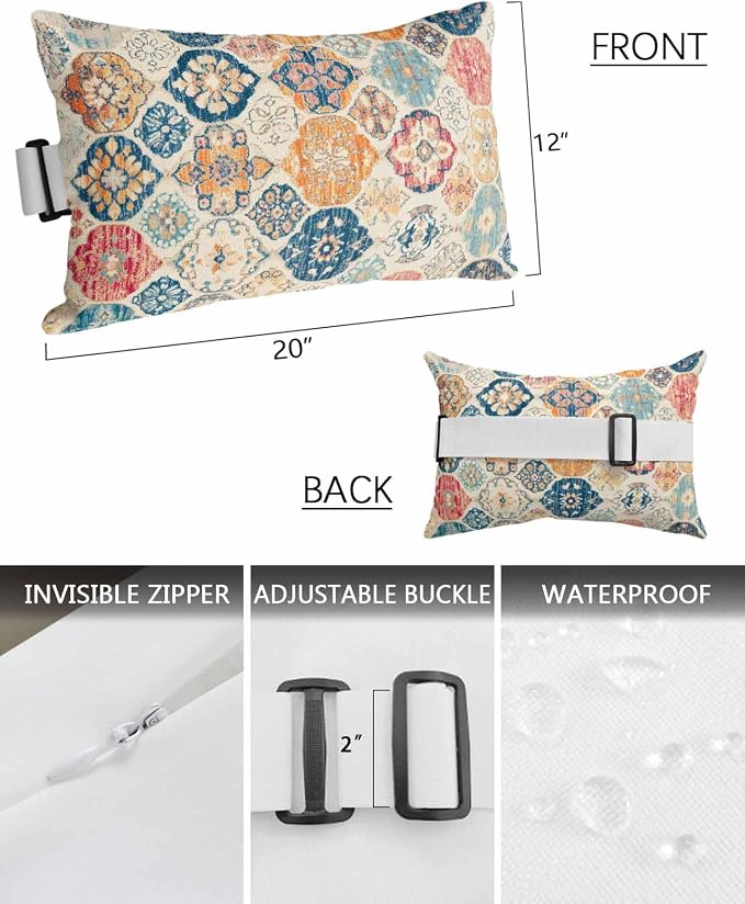 Pack of 2 Outdoor Lumbar Cushions with Inserts, Vintage Boho Ethnic Abstract Art Texture Waterproof Fluffy Fade Body Pillows, Patio Furniture Pillow for Home Balcony Garden Decor 12x20IN