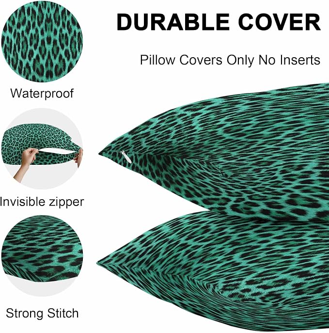 Vandarllin Outdoor Throw Pillows Covers 26x26 inch Set of 2 Waterproof Green Leopard Print Decorative Zippered Cushion Covers for Patio Furniture, Retro Animal Fur Pattern Lumbar Pillowcases