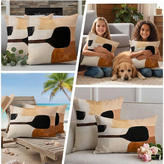 Beige Black Outdoor Waterproof Throw Pillow Covers Set of 2, 24"x24", Brown Abstract Art Graffiti Color Block Modern Decorative Pillow Covers Outside Cushion Case for Patio Porch Garden