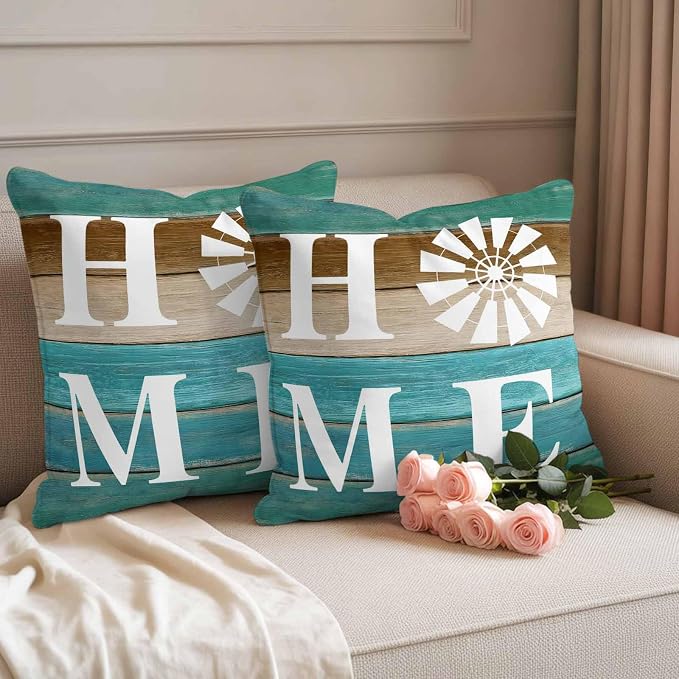 Outdoor Pillow Covers Set of 2, Home Windmill Farmhouse Wooden Decorative Throw Pillow Covers 16X16IN, Farm Teal Wood Board Throw Pillows Protector Cushion Case for Patio,Couch,Sofa,Garden