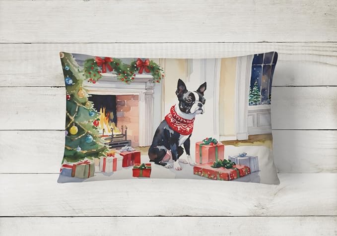 Caroline's Treasures DAC2618PW1216 Boston Terrier Cozy Christmas Throw Pillow Machine Washable, Indoor Outdoor Decorative Pillow for Couch, Bed or Patio, 12HX16W