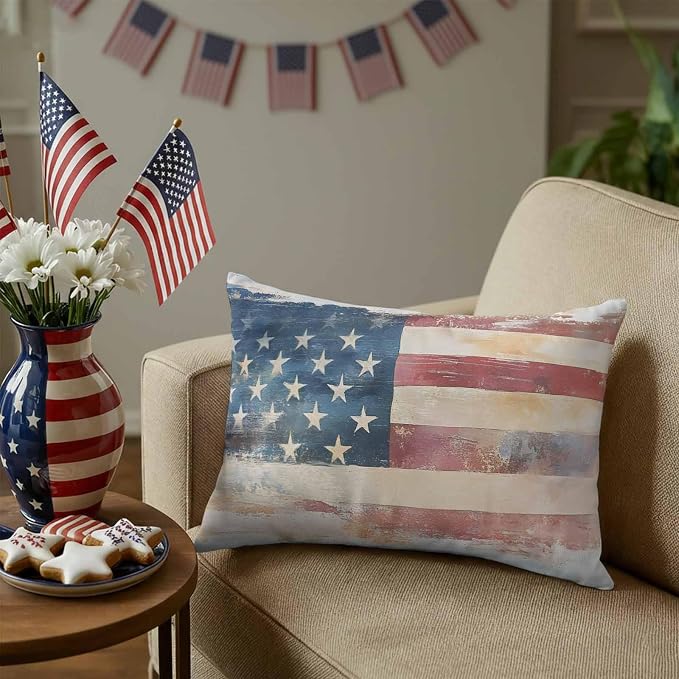 Retro American Flag Outdoor Pillow Covers 20"x12" Set of 2, Independence Day Waterproof Throw Pillow Covers for Patio Furniture, Decorative Cushion Covers for Porch