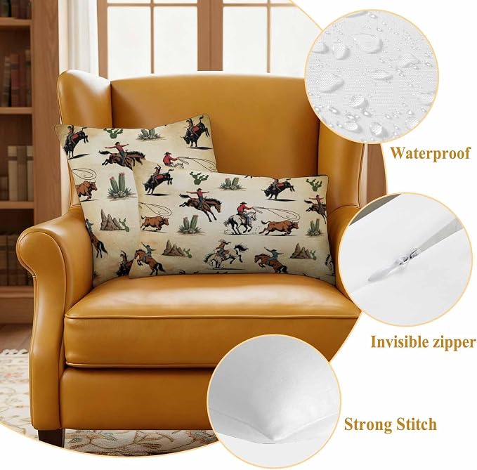 Western Cowboys Outdoor Pillow Covers Waterproof, All Weather Cushion Case Set of 2, Brown Vintage Country Cactus Decorative Pillowcases for Sofa Couch Bed Decor Patio Furniture 20"x20"