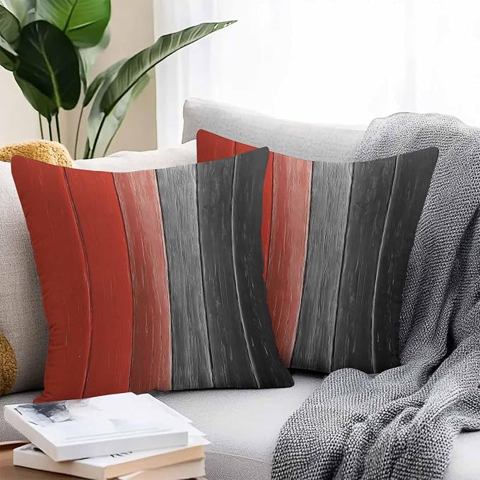 Throw Pillow Covers 16x16 Inch Set of 2, Red Black Ombre Waterproof Outdoor Cushion Covers, Vintage Farmhouse Wooden Decorative Pillowcases for Couch, Sofa, Bed, Garden, Patio