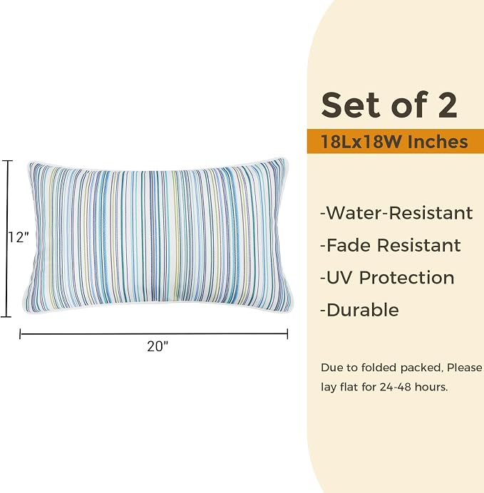 FUNHOME Outdoor Lumbar Pillows 12x20 inch,Decorative Throw Pillow Set of 2 with Insert,Water Resistant Headrests for Patio Furniture Sofa Couch Chair(Blue Stripe)