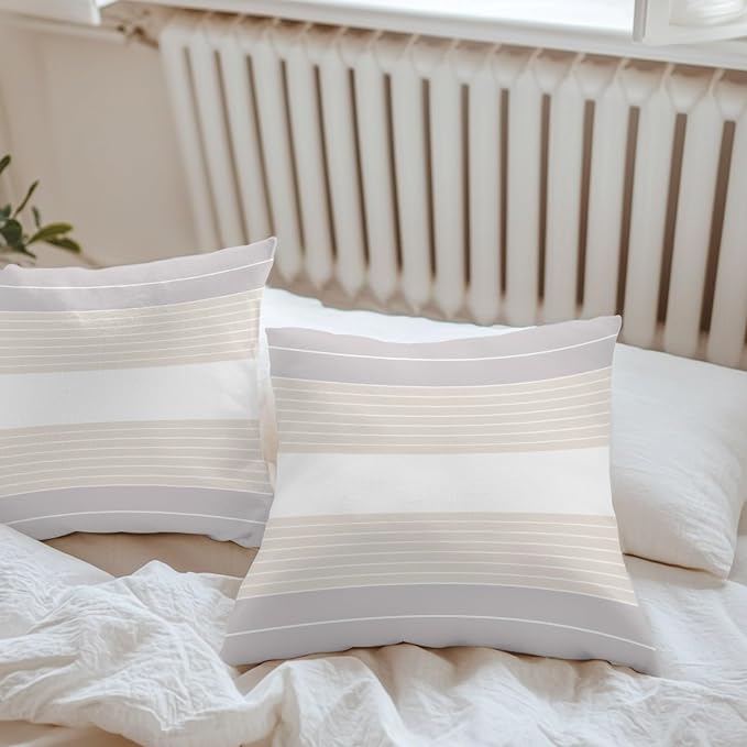Gray Beige Stripe Outdoor Pillow Covers Waterproof, All Weather Cushion Case Set of 2, Modern Art Horizontal Striped Decorative Pillowcases for Sofa Couch Bed Decor Patio Furniture 16"x16"