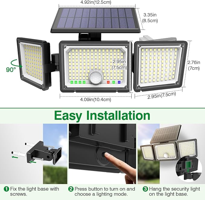 Solar Outdoor Lights Motion Sensor, 2500LM 286 LED Security Flood Lights with Visual Battery & Mode Display, 3 Lighting Modes, IP65 Waterproof 3-Head Wide Angle for Garage, Yard, Patio (6 Pack)