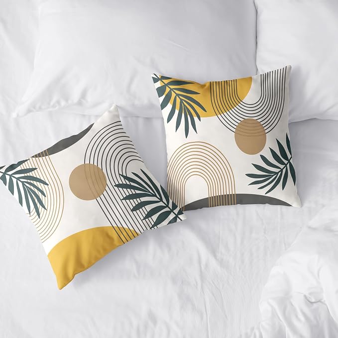 Abstract Boho Pillow Covers 18x18 Set of 2 Mid Century Modern Pillow Covers Minimalist Geometric Green Leaves Throw Pillow Covers Home Decor for Sofa Bed Couch