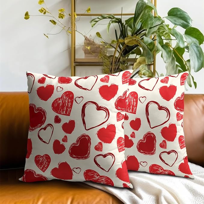Valentines Day Throw Pillow Covers 16x16, Cute Doodle Red Love Hearts Decorative Pillow Cases Double Side Printed Square Cushion Cover for Wedding Anniversary Home Decor Set of 2