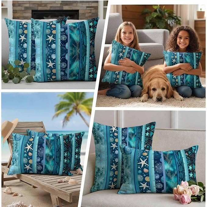 Turquoise Ocean Outdoor Waterproof Throw Pillow Covers Set of 2, 24"x24", Blue Stripes Starfish Coral Seaweed Luxury Decorative Pillow Covers Outside Cushion Case for Patio Porch Garden