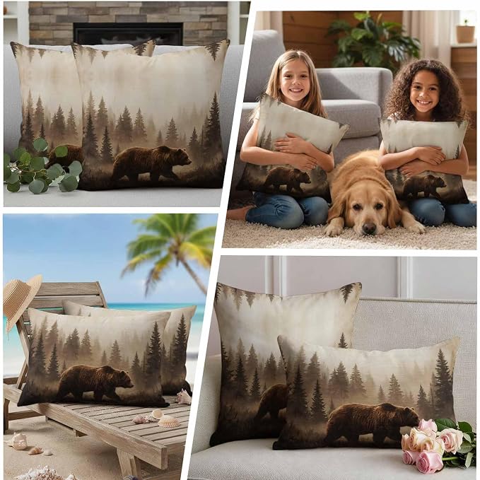 Yukro Nature Landscape Outdoor Waterproof Pillow Covers Pack of 2, Rustic Brown Bear Misty Forest Pine Tree Throw Pillowcases Decorative Cushion Covers for Garden Patio Tent Sofa Couch, 24x24 inch