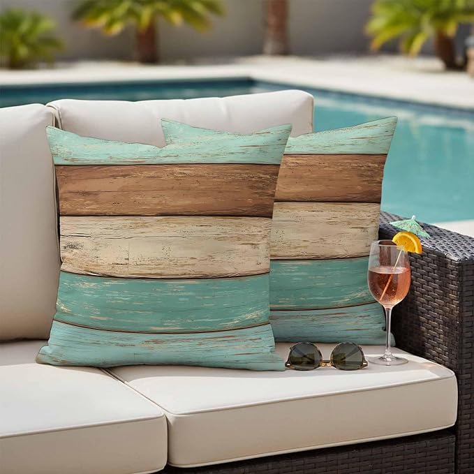 Farmhouse Teal Blue Brown Outdoor Waterproof Pillow Covers, Vintage Wooden Striped Decorative Square Throw Pillowcase Sofa Cushion Sham for Patio/Couch/Chair, 20"x20" 2 Pack
