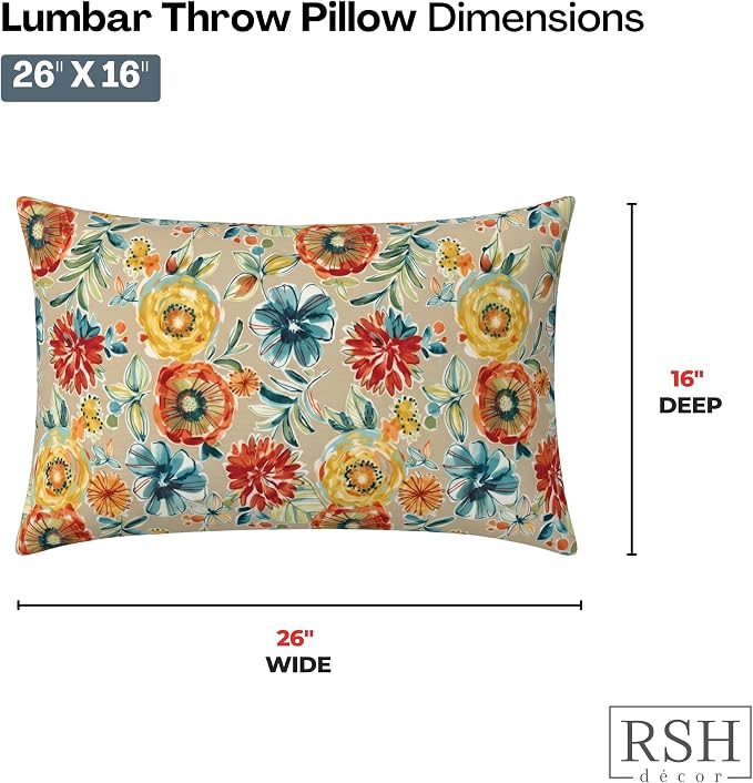 RSH DECOR: Lumbar Jumbo Throw Pillows Set of 2 | 26” x 16" | All-Weather Spun Fabric | Outdoor Support Pillows for Patio Furniture | Made in USA (Colsen Sonoma)