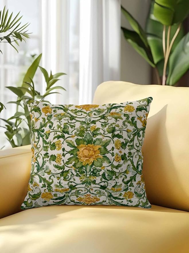 Outdoor Pillows with Inserts 16x16, Yellow Green Boho Waterproof Outdoor/Indoor Throw Pillows, Classic Floral Farmhouse Botanical Decorative Pillow for Bed Couch Sofa Patio Furniture