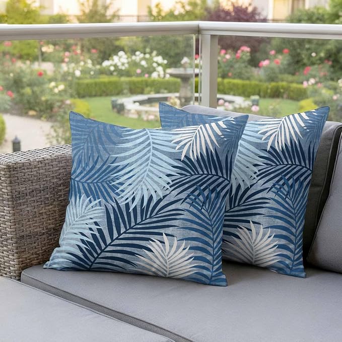 Outdoor Waterproof Throw Pillow Covers, Navy Blue Palm Leaves Decorative Pillow Cases, Summer Botanical Tropical Leaf Couch Pillow Protector Patio Sofa Cushion Covers Replacement 24"x24" 2 Pack