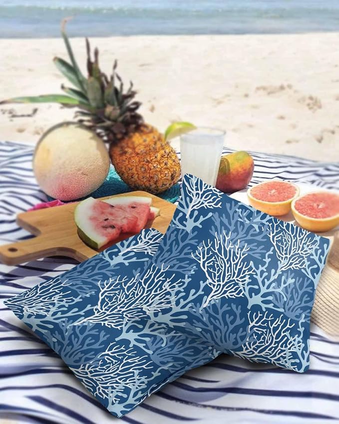 Pack of 2 Outdoor Pillow Covers 18x18 Waterproof Navy Blue Coral Throw Pillow Covers, Decorative Pillowcases Summer Coastal Beach Ocean Cushion Covers for Patio Garden Couch Pillow Case