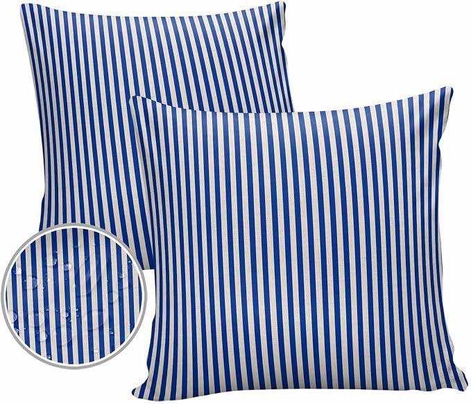 Outdoor Waterproof Throw Pillow Covers Set of 2 Navy Blue Stripes Pillowcases 20x20 Inches Linen Classic Vertical Striped Patio Decorative Pillows Cushion Case Patio Pillows for Couch Bed Chair Garden