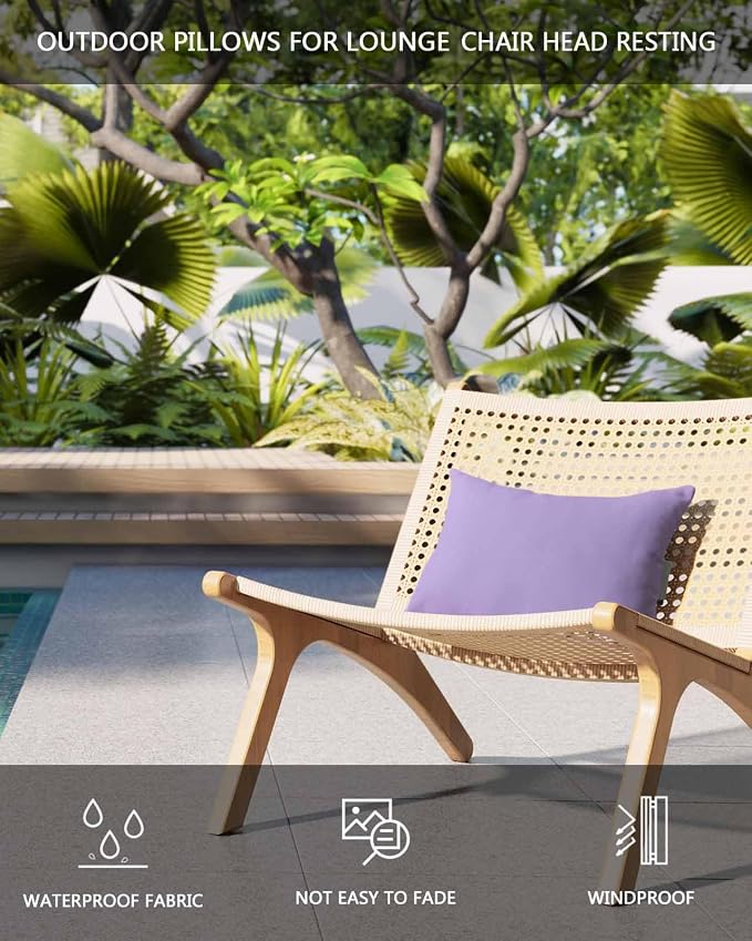 DecorLovee Purple Outdoor Recliner Pillows for Head, Modern Pure Lavender Waterproof Chair Pillow with Elastic Stripe, Farmhouse Chaise Lounge Headrest Pillow for Patio/Beach/Pool 2Pack, 11"x16"