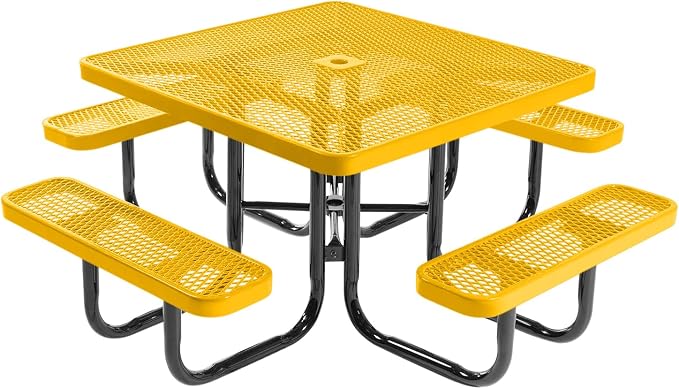 COATEDOUTDOORFURNITURE Heavy-Duty Portable Outdoor Picnic Table with Umbrella Hole, Expanded Metal Commercial-Grade Patio Dining Furniture Made in America (46" Square Top, Yellow)