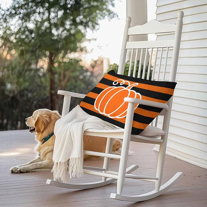 Orange Pumpkins Outdoor Waterproof Pillow Covers, Autumn Black Stripes Farmhouse Decorative Rectangle Throw Pillowcase Sofa Cushion Sham for Patio/Couch/Chair, 20"x12" 2 Pack