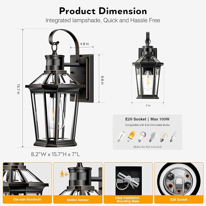 VIANIS Motion Sensor Outdoor Wall Lights, Dusk to Dawn Exterior Light Fixture Wall Mount for House Front Porch Light, Black Anti-Rust Aluminium Modern Outdoor Wall Sconce Lantern for Garage 2 Pack