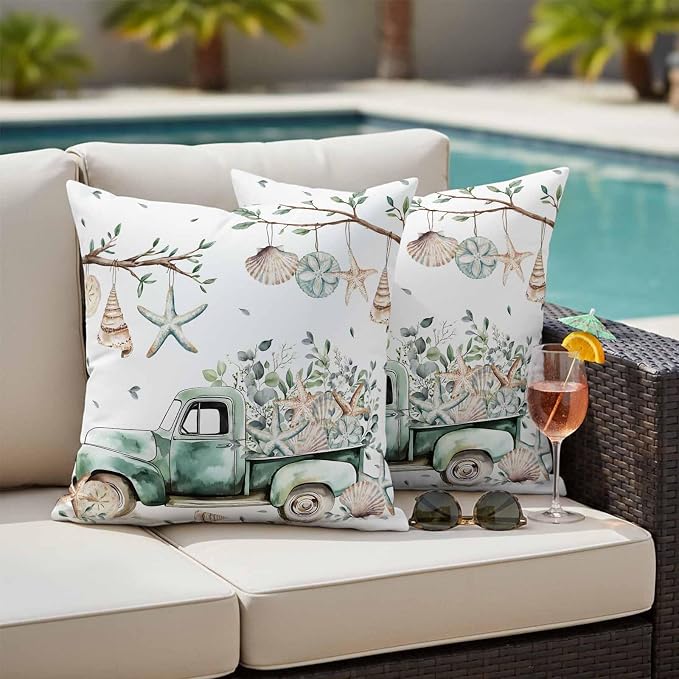 Sage Green Truck Outdoor Waterproof Throw Pillow Covers Set of 2, 20"x20", Ocean Starfish Shell Summer Leaf Decorative Pillow Covers Outside Cushion Case for Patio Porch Garden