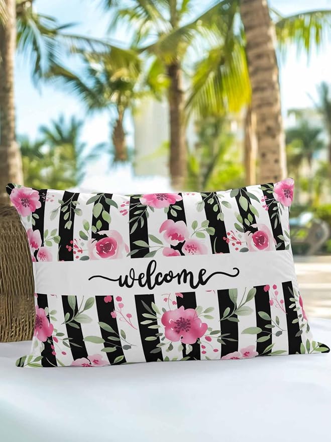 Outdoor Waterproof Throw Pillows Welcome Words Pink Flowers Patio Pillows,Decorative Pillow Covers with Insert,Pillow Cushion Case for Garden Couch Sofa Country Black Line