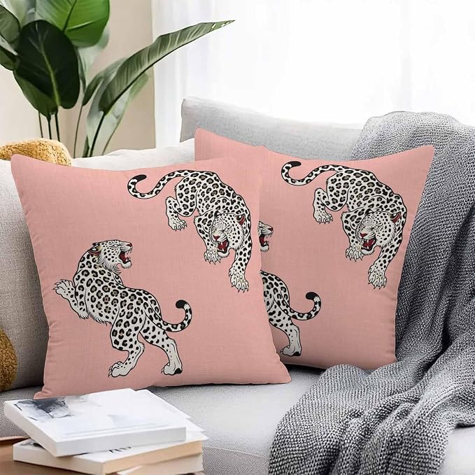 Yukro Pink Leopard Outdoor Waterproof Pillow Covers Pack of 2, Modern Style Wild Animal Rustic Linen Texture Throw Pillowcases Decorative Cushion Covers for Garden Patio Tent Sofa Couch, 24x24 inch