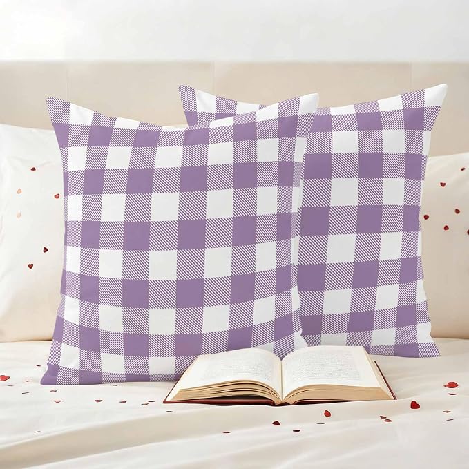 Waterproof Throw Pillow Covers 18x18 Set of 2, Farmhouse Purple White Buffalo Lattice Outdoor Pillowcases with Invisible Zipper, Pastoral Gingham Decorative Cushion Covers for Patio Garden Sofa Couch